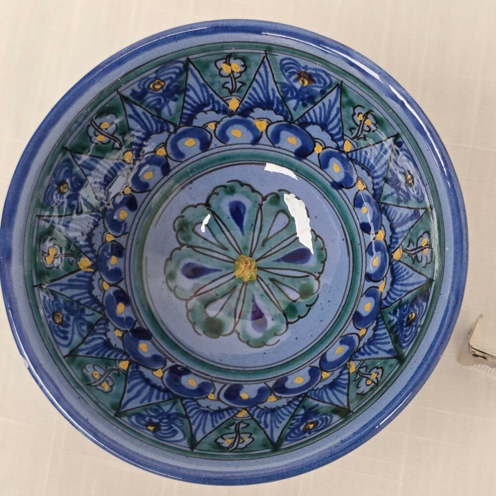 Decorative Handcrafted Pottery Bowl Signed Blue Floral Glazed Ceramic 5.5
